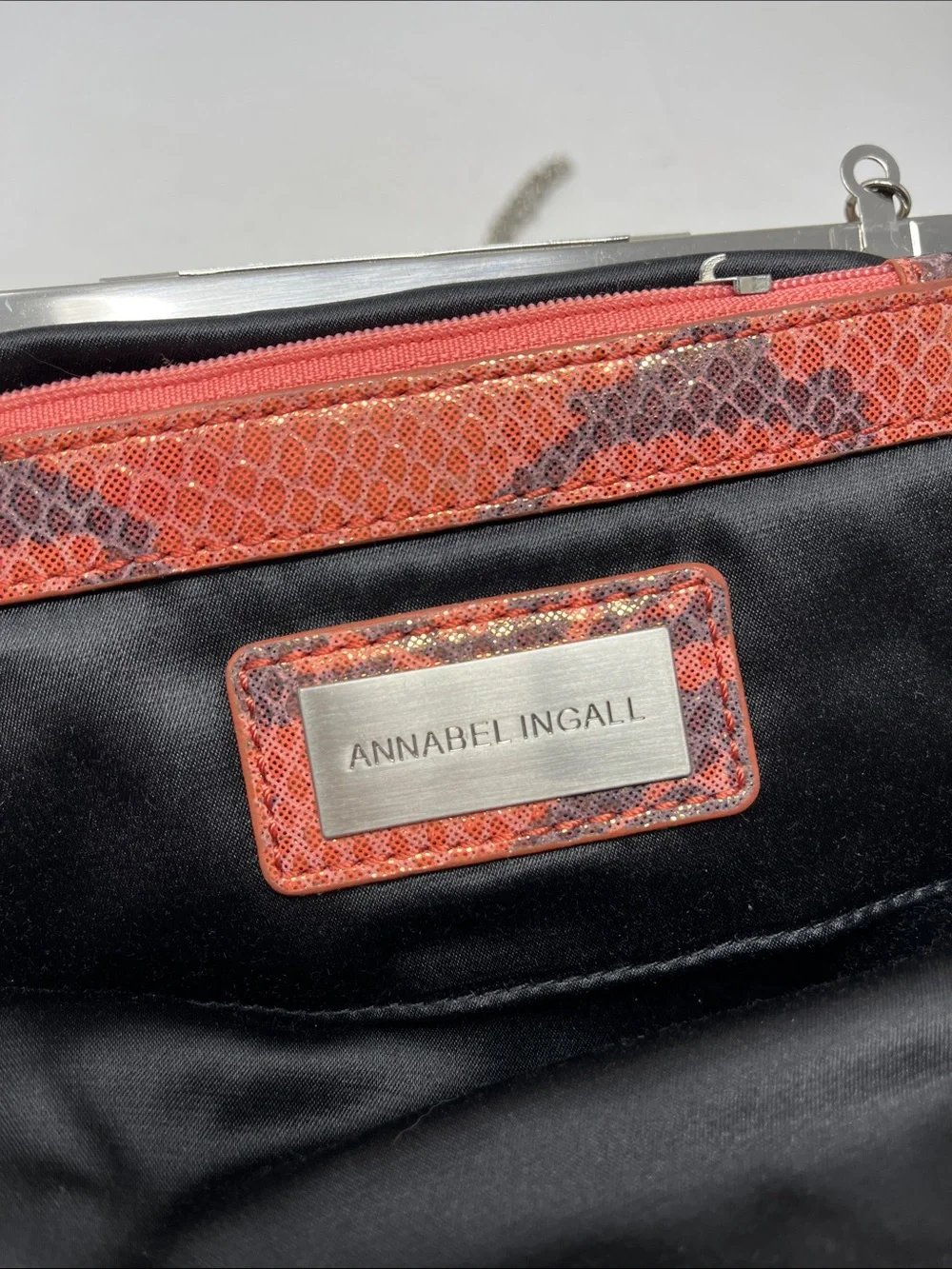 ANNABEL INGALL AUSTRALIA IRIDESCENT SNAKESKIN PEACH AND GRAY CLUTCH BAG